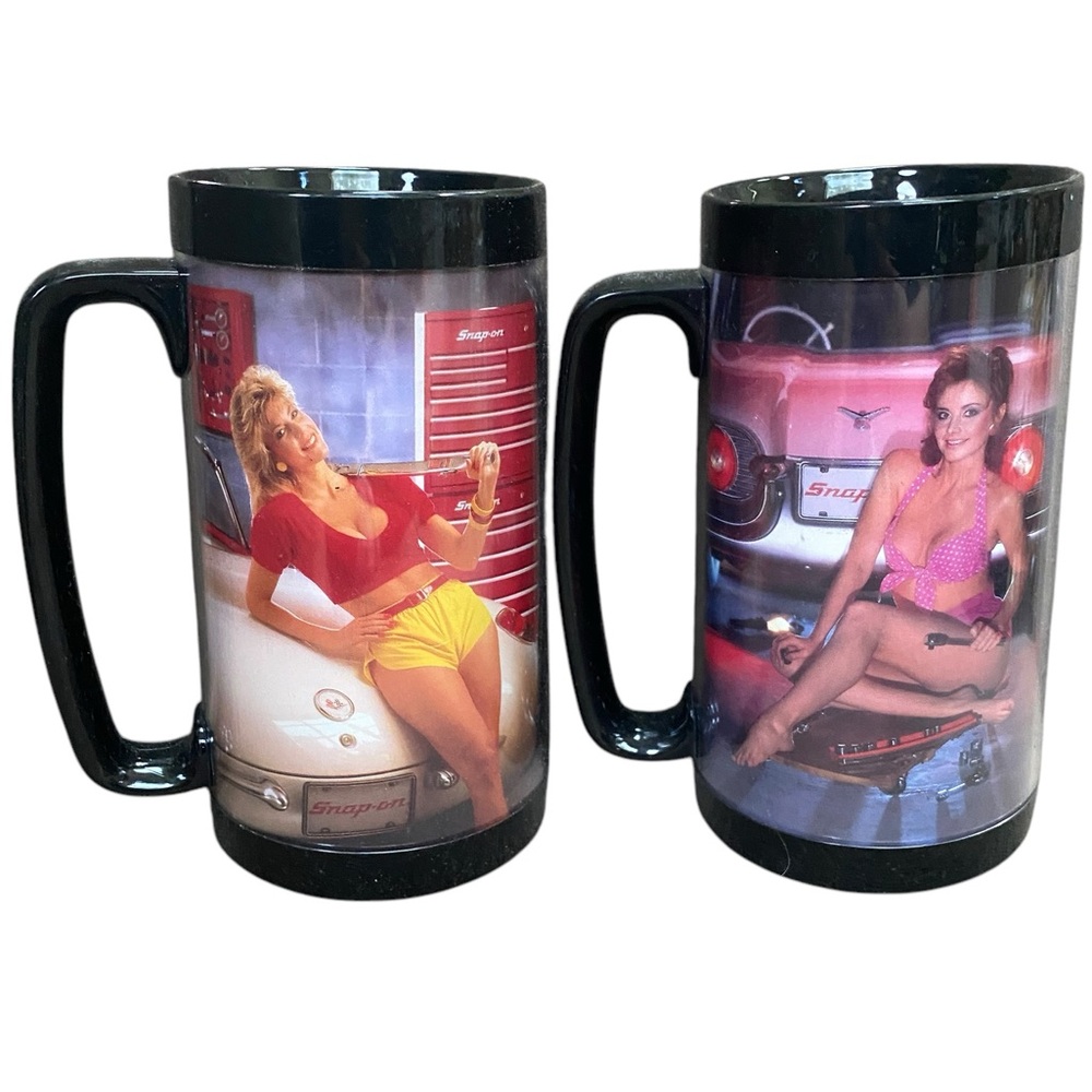 Lot of two vintage 1980s Snap-On Tool Mugs featuring toolmate girls Pin-up 80s